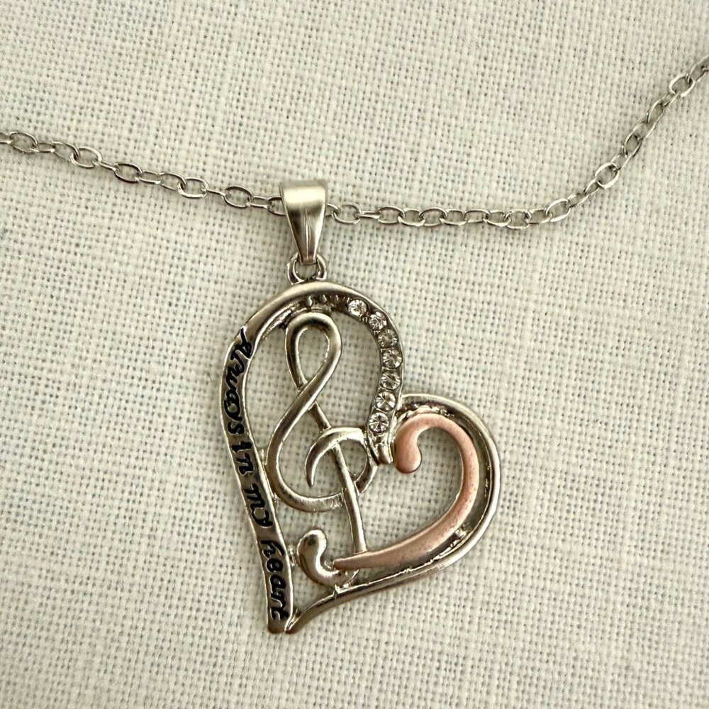 Music Heart Necklace Treble Clef Pendant Silver Tone and Rose Valentine Gift - Picture 3 of 10